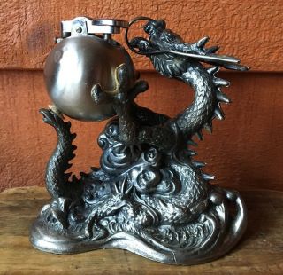 Pewter Japanese Dragon Figurine Lighter Stand With Lighter
