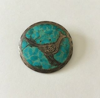Vintage Rss 925 Sterling Silver Mexico Turquoise Inlay Bird Brooch Pin Pendant