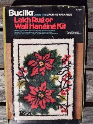 Vintage Bucilla " Framed Poinsettia " Latch Rug Or Wall Hanging Kit - Machine Washab