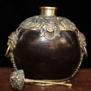 Rare Chinese Exquisite Handmade Bull Horn Inlaid Bronze Old Snuff Bottle