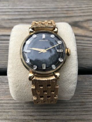 Vintage 1940’s Hamilton Mens Watch Solid 14k Gold W/ Diamond Hour Markers