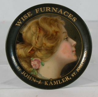 1907 Wise Furnace Co.  Tin Lithograph Tip Tray Woman Litho Beer Tray