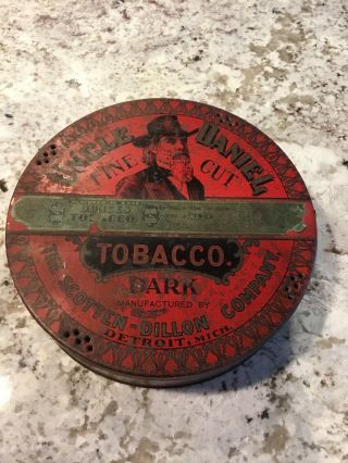 Uncle Daniel Fine Cut Tobacco Dark Red Tin 1926 Tax Stamp Scotten Dillon Detroit