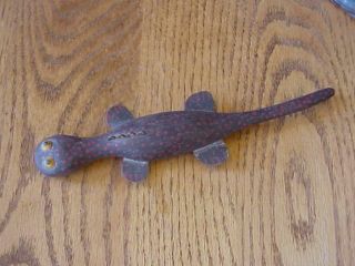 Antique Vintage Spotted Painted Wood And Metal Fish Decoy Salamander Ice Fishing