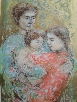 Orignal Stone Lithograph Hibel " Family " Artist Proof Pastel With Yellow And Gold