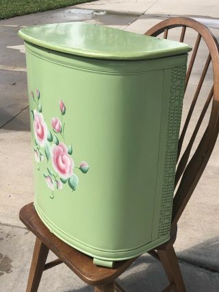 Vintage Mid Century Pearl Wick Pearlwick Basket Hamper Laundry Metal Floral 2