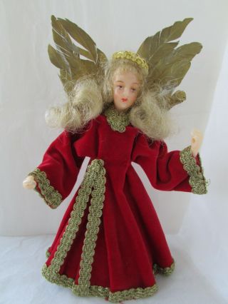 Vintage Wax Angel Red Velvet Robe Christmas Tree Topper