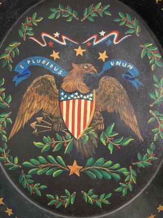 Vintage Americana Patriotic Eagle And Shield Flag Painting On Tin Bowl Toleware