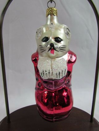 Vintage West German Blown Glass Christmas Ornament Kitty Cat In Red Shoe Boot