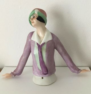 Stunning Antique 4” Half Doll Pincushion - Porcelain Flapper Lady Arms Away