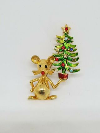 Vintage Mylu Holiday Brooch Mouse Holding A Christmas Tree Pin Rhinestones
