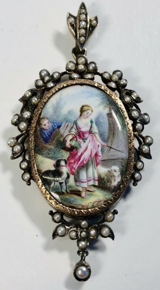 Antique 19th Century Swiss Enamel Silver With Seed Pearls Locket Pendant