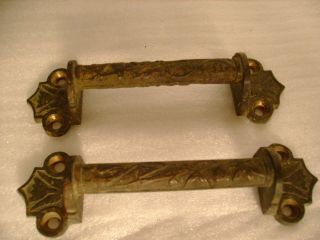 Rare Antique Pair Solid Cast Bronze Pull Handles 5 1/4 " Oriental Bamboo Design