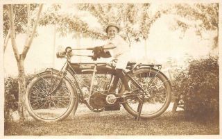 Boy On Indian Motorcycle Antique Snapshot C1910s Vintage Photograph
