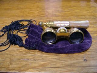 Vintage Lemaire Paris Mother Of Pearl And Brass Opera Glasses With Handle & Case