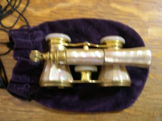 VINTAGE LEMAIRE PARIS MOTHER OF PEARL AND BRASS OPERA GLASSES WITH HANDLE & CASE 2