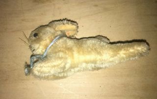 Antique Vintage Small Mohair Stuffed Bunny Rabbit Lying Down Silk Ribbon Collar
