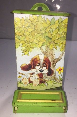 Vintage Jasco Hong Kong Metal Tin Match Box Wall Hanging Holder Puppy Garden
