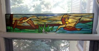 Vintage Colorful Leaded Stained Glass Window Panel - Geese In Flight