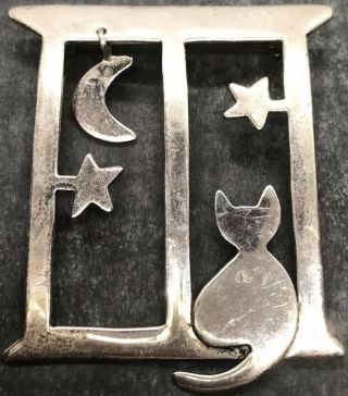 Vintage By Anne Harvey Mexico Sterling Silver Cat Stars Dangle Moon Pin Brooch