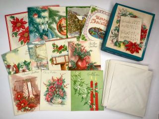 Box Of 12 Vintage Christmas Cards W.  Envelopes Poinsettia Candles
