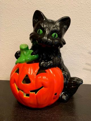 Rare Vtg Mold Ceramic Halloween Black Cat On Pumpkin Light Mold 11 " Exc