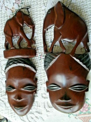 Vintage African Tribal Folk Art Masks Male & Female Carved Wood Wall Deco