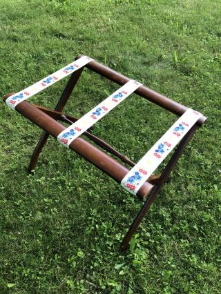 Vintage Hotel Motel Luggage Suitcase Folding Rack Stand - Wood W Floral Straps