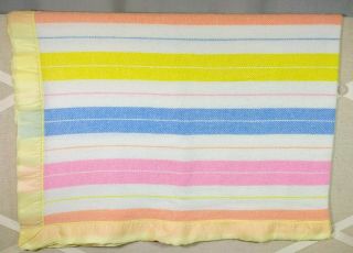 Vintage Pastel Stripe Acrylic Baby Blanket,  Yellow Nylon Trim,  45 " X 54 "