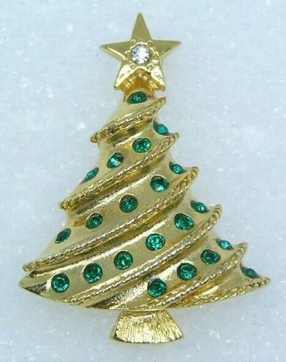 Vintage Eisenberg Ice Christmas Tree Pin Brooch Green Rhinestones Gold Tone