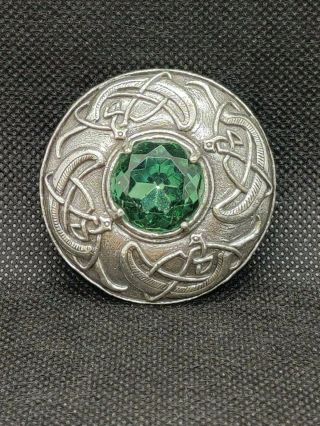 Vintage Miracle Signed Large Round Celtic Green Stone Brooch