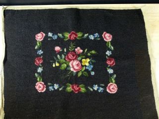 Vintage Handmade Needlepoint Pillow Footstool Cover Floral Black Wool 24 X 18.  5 "