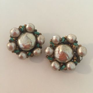 Vintage Miriam Haskell Pearl Gold Tone Cluster Clip Earrings Signed