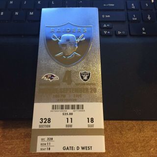 2015 Oakland Raiders Vs Baltimore Ravens Nfl Football Ticket Stub 9/20