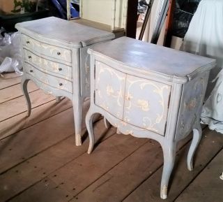 2 Vintage Hand Painted Italian End Bed Side Tables Chests By Patina Blue White