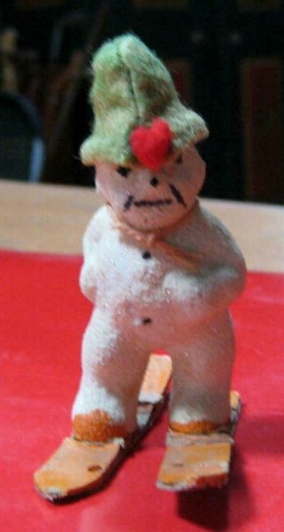 Vintage Snowman Skis Snowed Christmas Decoration Figure Felt Hat W Heart Germany