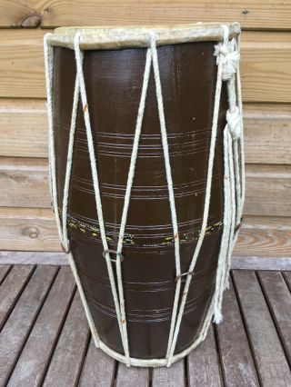 Vintage Indian Carved Hardwood Skin Rope Bound Bongo Percussion Folk Double Drum