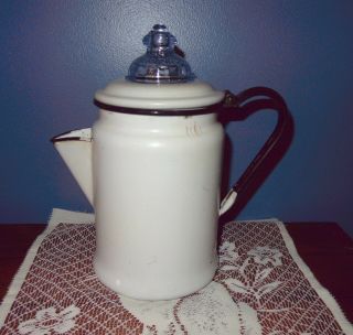 Vintage Primitive Enamelware Coffee Pot White & Black Glass Top Mid Century Old