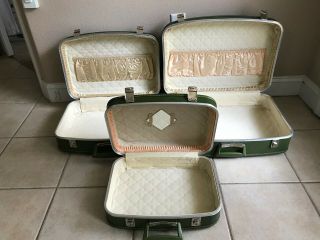 Vintage Luggage Green Set Of 3 Nesting Fabric Lined Mid Century Retro (a10)