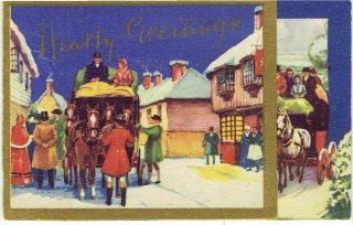 Vintage Christmas Greetings Card Snow Scene Coach Horse Fold Out 3d Effect Brent