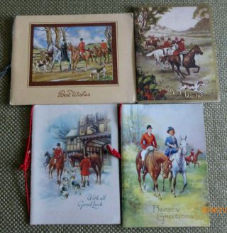 4 X Vintage Christmas Greetings Cards Fox Hunting Scenes Horse Hounds People