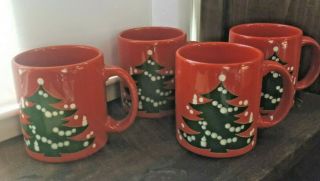 Vintage Waechtersbach Red Christmas Tree Set Of 4 Coffee Mugs - W.  Germany