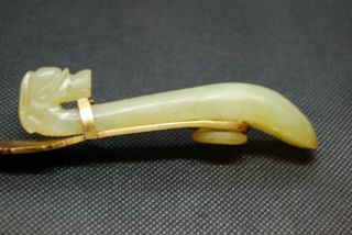 Antique Vintage Chinese Carved Jade Dragon Belt Hook Buckle Brass Letter Opener