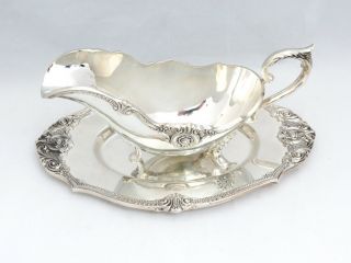 Rare Hard To Find Wallace Rose Point Silver Gravy Boat And Tray