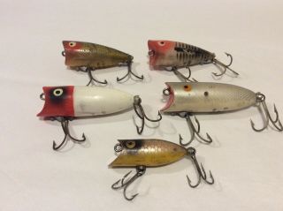 Five Vintage Heddon Fishing Lures,  Chugger Jr,  Baby Lucky 13,  Tiny Lucky 13