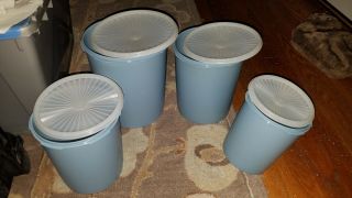 Vintage Tupperware 8 Piece Set Blue With Clear Lids Servalier Nesting Canisters