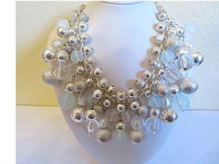 Gorgeous Vintage Moonstone Glass Silver Bead Drops Bib Necklace