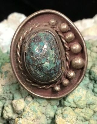 Old Pawn,  Vintage Native American Sterling Silver & Morenci Turquoise Ring,  7.  0g