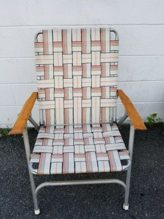 Vintage Aluminum Folding Webbed Lawn Chair Oversized Seat Pink & White