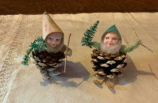 2 Vintage Pinecone Gnome Elf Christmas Ornament Decoration Chenille Celluloid